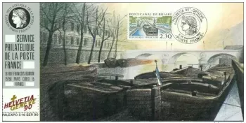 068 Carte officielle Exhibition Genève 1990 France FDC Canal Briare Bateau Pont