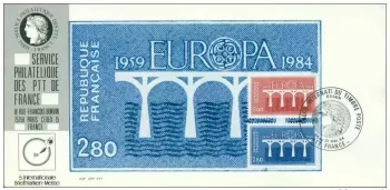 002 Offizielle Karte Ausstellung Essen 1984 FDC Frankreich Europa CEPT Brücke