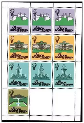 30th Gordon Bennett Cup Salzburg 18.10.1986 Austria Label-Sheet of 10 Ballonpost