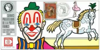 113 Official card Exhibition Danmark 1994 FDC Circus Clown Horse