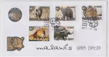 Malawi 2011 The Big Five Lion Panther Elephant Rhinoceros Cheetah FDC Day 1