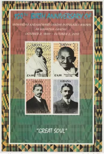 Ghana 2019 150. Geb. Mahatma Gandhi Souvenirblock 4 Marken Friedensnobelpreis