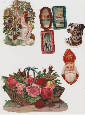 Lot de Chromos découpis n°2 chien dalmatien Saint Nicolas fleurs roses tableau