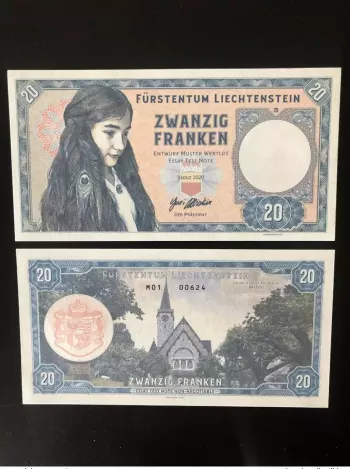 2020 Matej Gabris 20 Franken Liechtenstein Vaduz Série M UNC ESSAY Limité