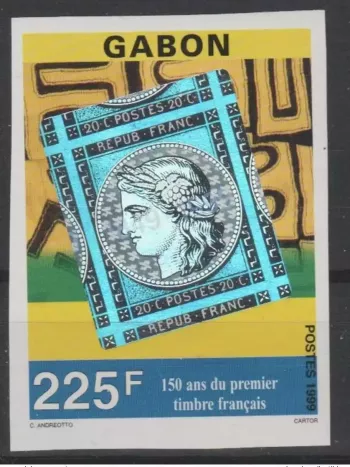 Gabon 1999 ND Imperf Mi. 1470 150 ans 1er timbre français hologramme RARE !