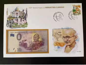 Euro Souvenir banknote Cover Mahatma Gandhi India 150 Ans Angola Banknotenbrief