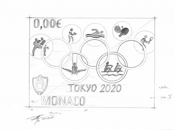 Monaco 2021 Thierry Mordant Originalzeichnung Olympische Spiele Tokyo Japan