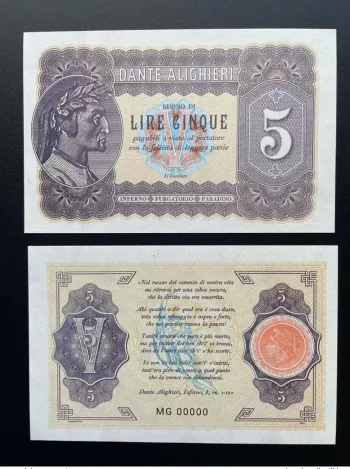 2021 Matej Gabris 5 Lire Italia Dante Alighieri MG 00000 UNC SPECIMEN ESSAY