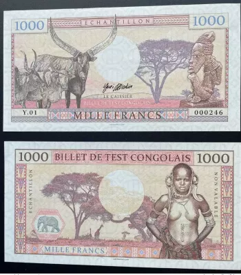 2018 Matej Gabris 1000 Francs 'Y' Billet Test Congo Elephant Girafe UNC ESSAY
