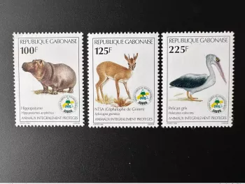 Gabun 1998 Mi. 1403-1405 Geschützte Tiere Fauna Nilpferd Pelikan SELTEN!