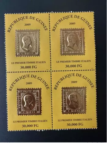 Guinée 2009 Mi. 6488 bloc de 4 Premier timbre italien stamp on stamp Gold Or