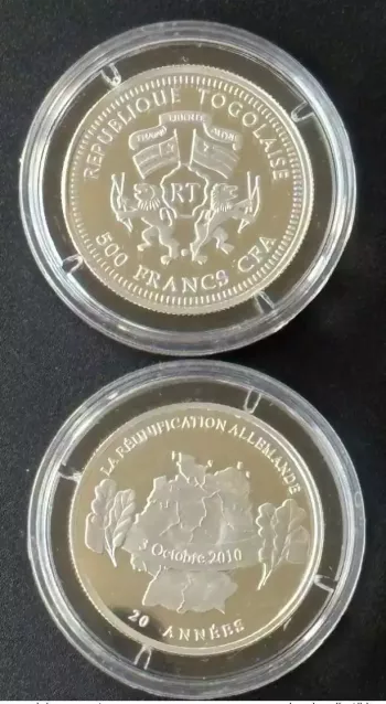 Togo 2010 - 500 Francs CFA Argent Silber Réunification Allemande 3 Oct. 20 ans