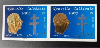 New Caledonia 1995 YT No. 682 IMPERF horizontal pair Death General Gaulle Doré