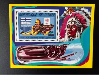 Guinea 1987 Mi. Bl. 256 Aufgedruckt 50F auf 40F Winter Calgary 1988 Olympiade