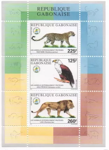 Gabon 2000 Bloc Animaux Protégés Faune  Panthere rapaces birds of prey Lion