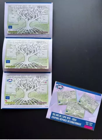 Folder specimen 3x UPU Abidjan 115 150 years old COUPON-REPONSE IRC IAS CRI