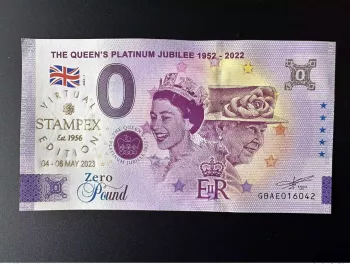 Billet Souvenir 2022 £0 Angleterre Queen's Platinum Jubilee doré VIRTUAL STAMPEX