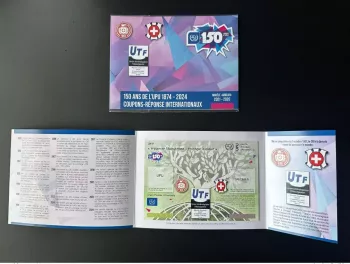 Specimen folder Union Timbrogique Fribouroise UPU Abidjan 150 years IRC coupon