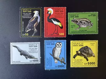 Südsudan 2024 Mi. 35-40 Fauna Greifvögel Frosch Eule Vögel Unabhängigkeit