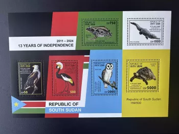 Südsudan 2024 Mi. Bl. 3 Fauna Greifvögel Frosch Eule Vögel