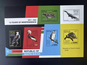 Südsudan 2024 Mi. Bl. 3 ND Fauna Greifvögel Frosch Eule Vögel