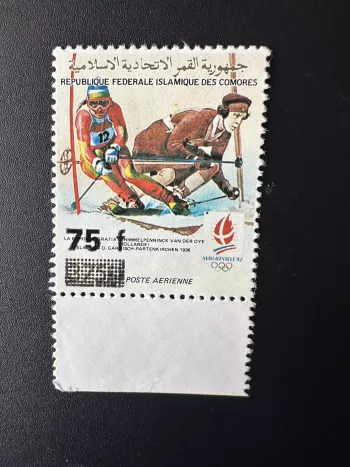 Comores 1992 Mi. 1087 SANS gomme 75F Jeux Olympiques Albertville Ski Surchargé