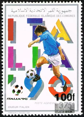 Comores 1992 / 1993 Mi. 1090 100F Football Coupe du Monde FIFA Italia Surchargé