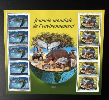 Mali 2023 Block Umwelt Fauna Vogel Schildkröte Eule Affe Pilz