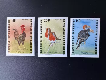 Cameroon 1985 Mi. 1101 - 1103 IMPERF Birds rooster robin toucan