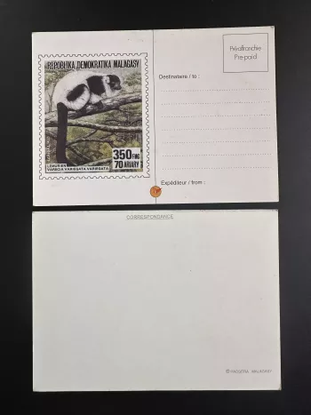 Madagascar 1993 ? YT CP 14 Entier Postal Lémurien Varecia Variegata lemur faune