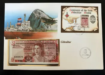 Gibraltar 1986 FDC Centenaire premier timbre bloc billet 1 Pound