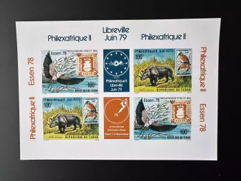 Tchad 1978 Mi. Bl. 829 - 830 carton ND Philexafrique Rhinocéros Faune Oiseaux