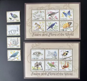 Tanzanie 1998 Mi. Bl. 2979 - 2994 Faune Flore Animaux Oiseaux Papillon Perroquet