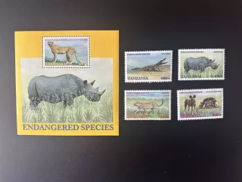 Tanzanie 2001 Mi. 4022 - 4025 Bl. 530 Espèces Menacées Rhinocéros Léopard