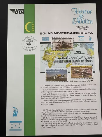 Komoren 1985 Mi. 767-771 Block UTA Luftfahrtgeschichte Jubiläum Flugzeug