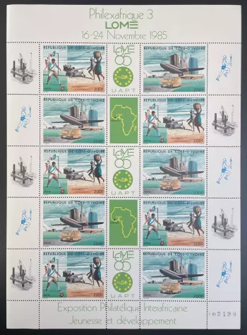 Ivory Coast 1985 YT 612A sheet Philexafrica Lomé airplane soccer