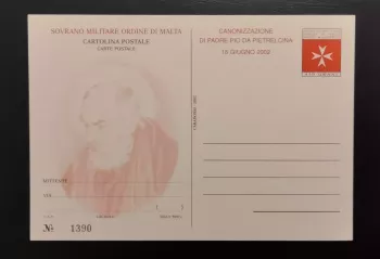 SMOM Cartolina postale Ordre de Malte canonisation Padre Pio 2002 neuve
