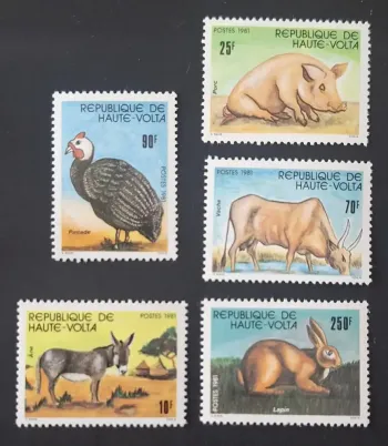 Upper Volta 1981 Mi. 851-855 farm animals guinea fowl pig cow donkey rabbit