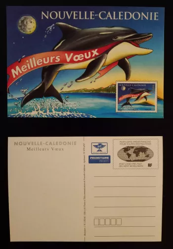 New Caledonia stationery postcard Best Wishes dolphins mint