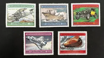 Centrafrique 1982 Mi. 825-830/A locomotion avion navire Bugatti