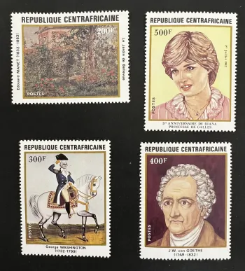 Centrafrique 1982 Mi. 834-837 Manet Diana Washington Goethe