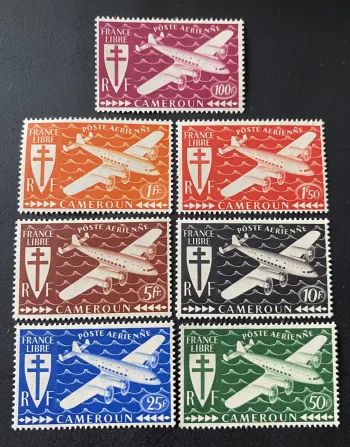 Kamerun 1942 Mi. 238-44 Luftpost Freies Frankreich Flugzeug Kreuz