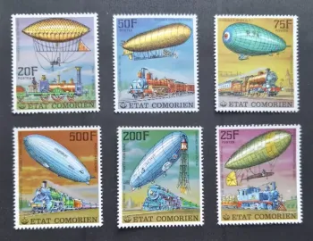 Comores 1977 Mi. 339-344 dirigeables Zeppelin locomotives trains