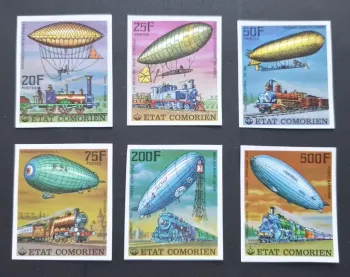 Comores 1977 Mi. 339-344 ND dirigeables Zeppelin locomotives trains