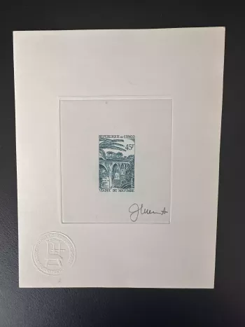 Congo 1968 YT 219 épreuve d'artiste Viaduc Mayombe pont train signée