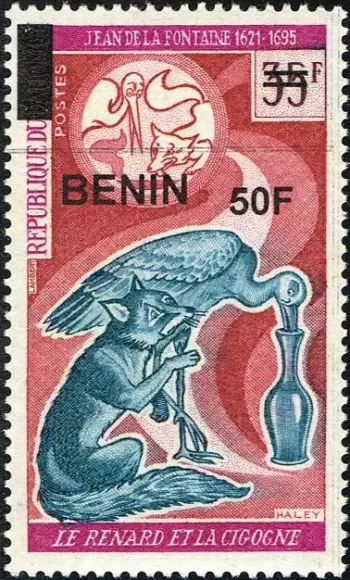 Benin 2009 Mi. 1574 Aufdruck La Fontaine Fuchs Storch Fabeln
