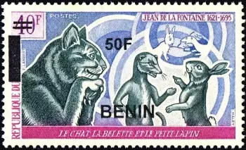 Bénin 2009 Mi. 1579 surchargé 50F La Fontaine chat belette lapin