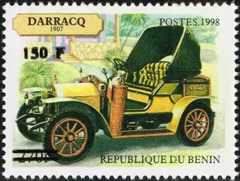 Benin 2000 Mi. 1305 surcharged 150F Darracq 1907 vintage automobile