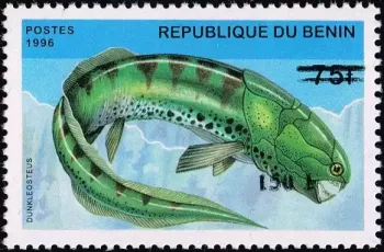 Benin 2000 Mi. 1265 overprinted Dunkleosteus prehistoric fish