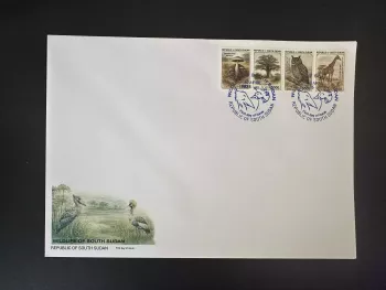 South Sudan 2026 FDC fauna mushroom owl giraffe crowned crane